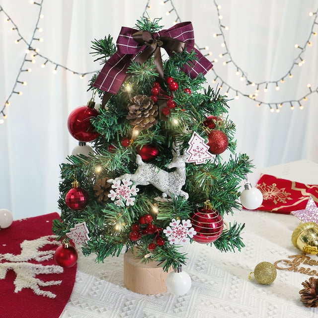 Small Christmas Tree with Lights Table Top Mini Christmas Tree Artificial Flocked Xmas Decorations for Living Room Bedroom Office Shop, 18"