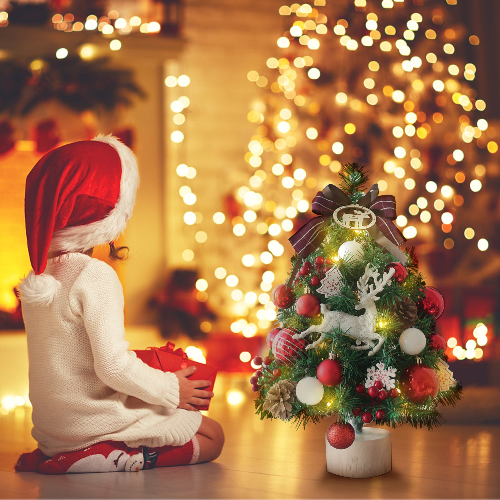 Small Christmas Tree with Lights Table Top Mini Christmas Tree Artificial Flocked Xmas Decorations for Living Room Bedroom Office Shop, 18"