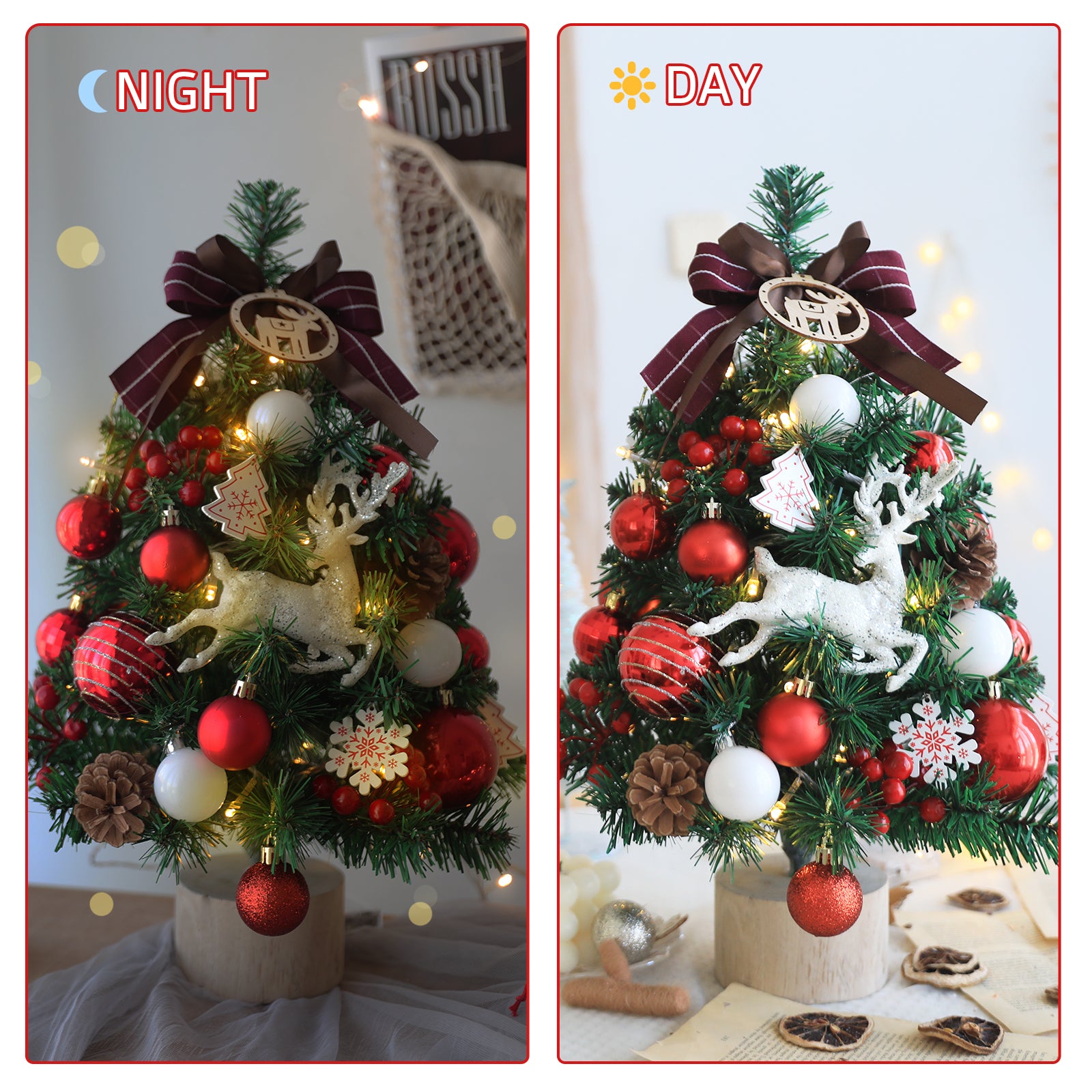 Small Christmas Tree with Lights Table Top Mini Christmas Tree Artificial Flocked Xmas Decorations for Living Room Bedroom Office Shop, 18"