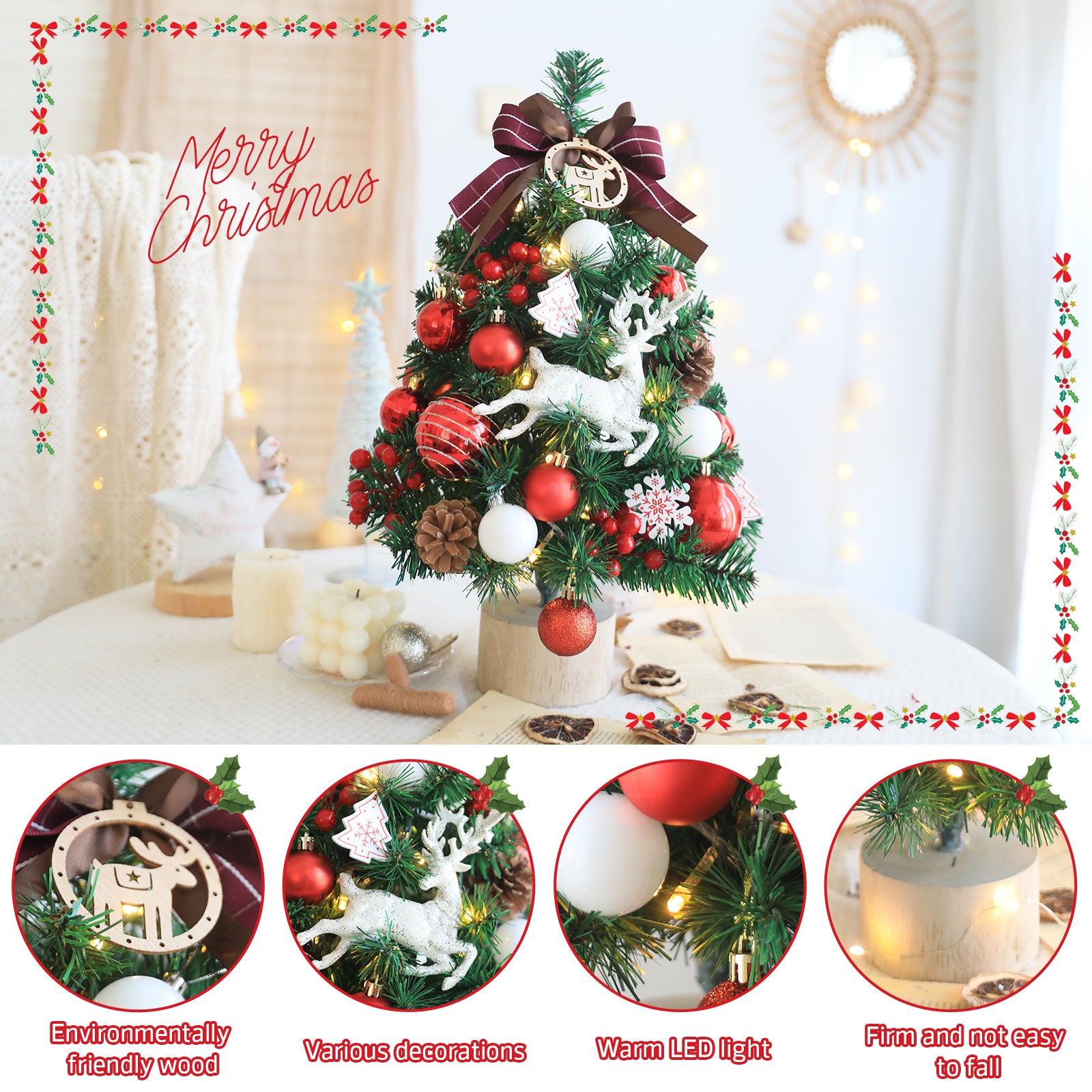 Small Christmas Tree with Lights Table Top Mini Christmas Tree Artificial Flocked Xmas Decorations for Living Room Bedroom Office Shop, 18"
