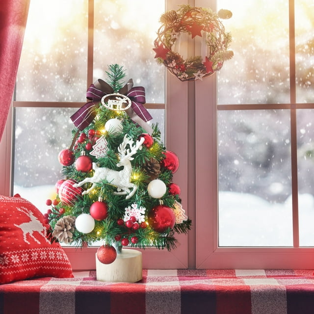 Small Christmas Tree with Lights Table Top Mini Christmas Tree Artificial Flocked Xmas Decorations for Living Room Bedroom Office Shop, 18"