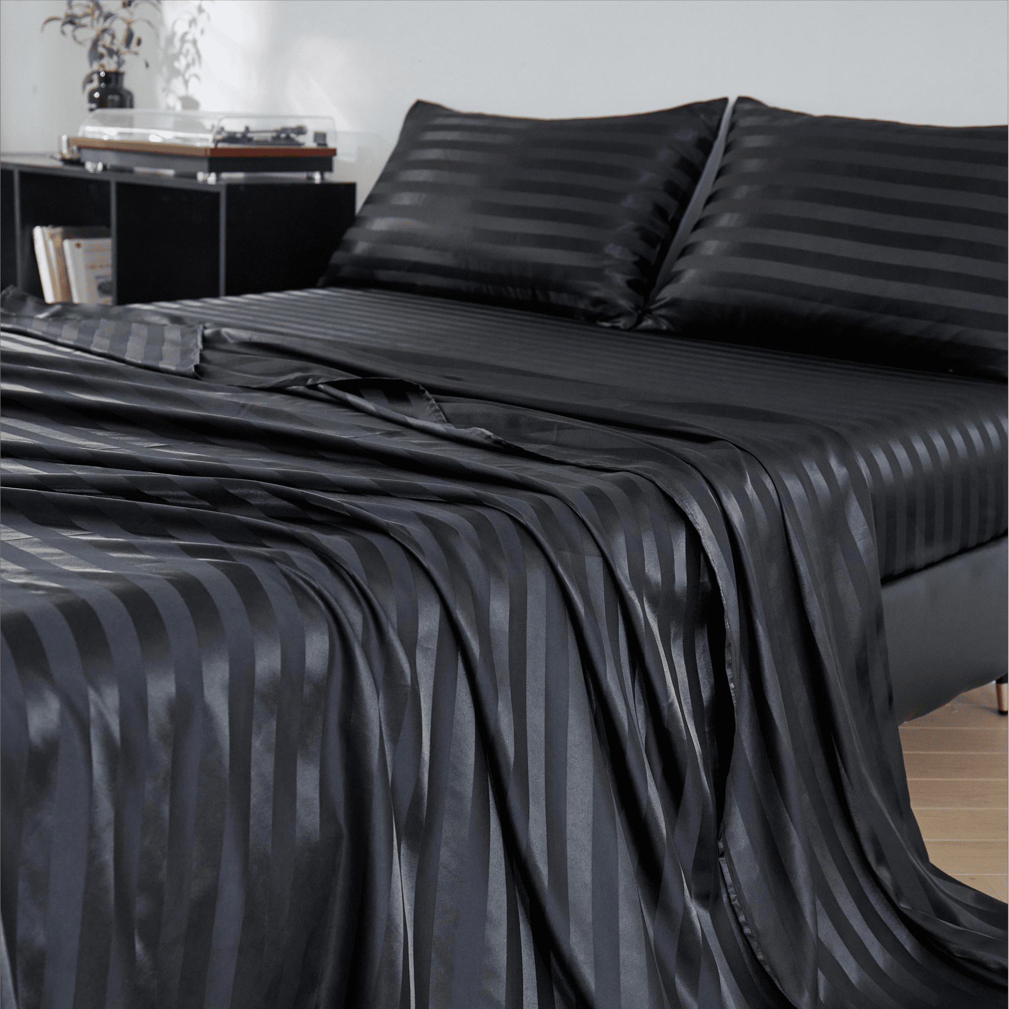 Satin Sheets Silk Sheets Black Stripe Bed Sheet Set-1