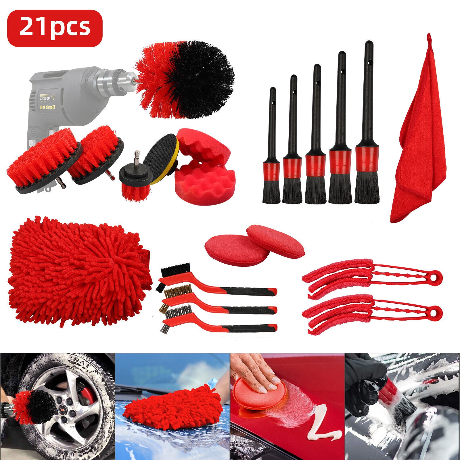 Car Cleaning Kit Auto Detailing Drill Brush Set Interior Exterior Engine Wheel