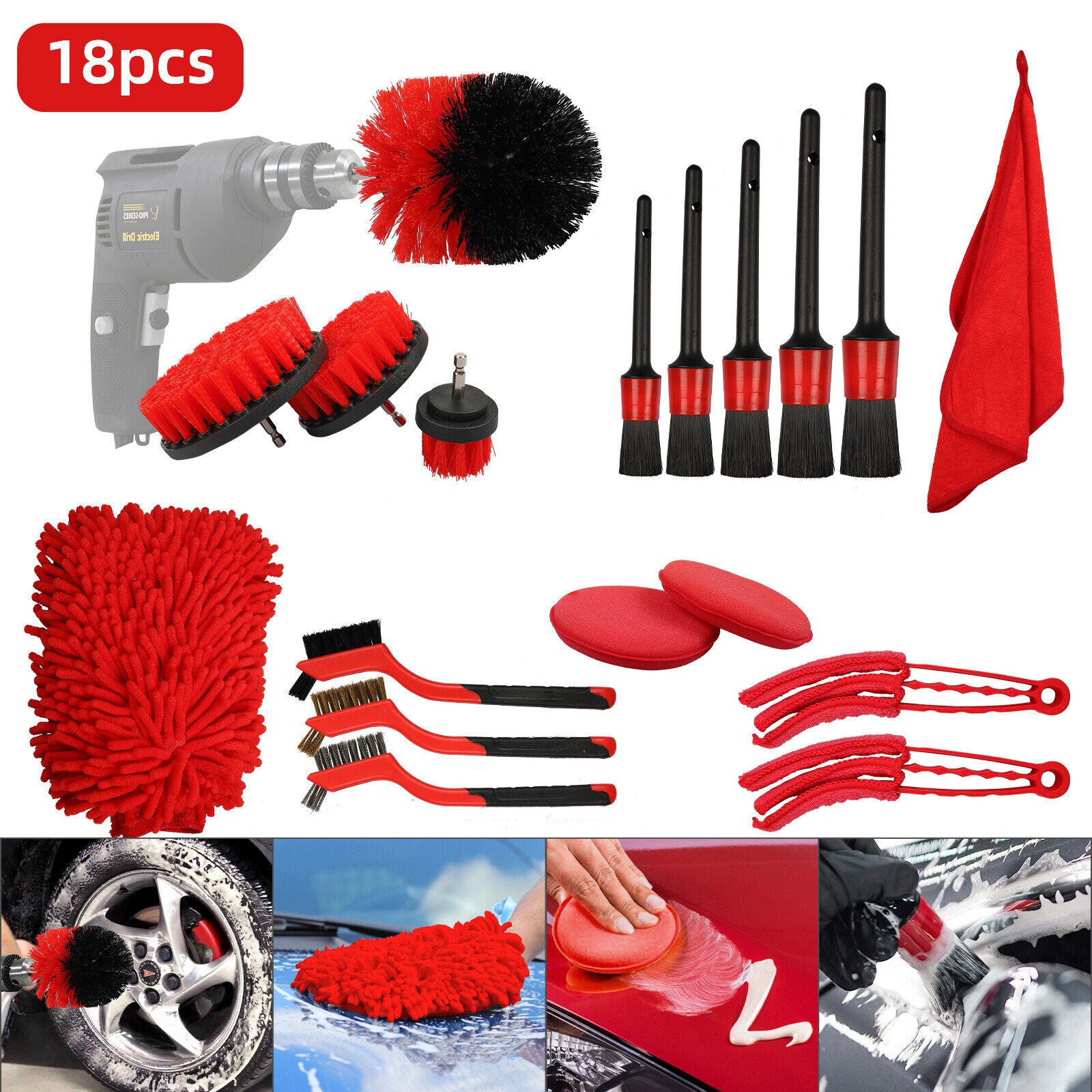 Car Cleaning Kit Auto Detailing Drill Brush Set Interior Exterior Engine Wheel