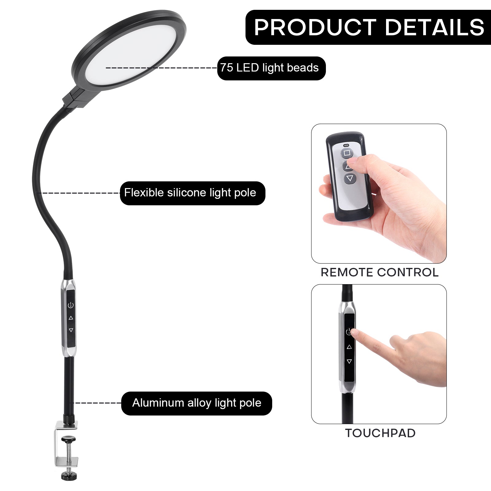 Dimmable Desk Lamp 15W 75LEDs 5 Modes