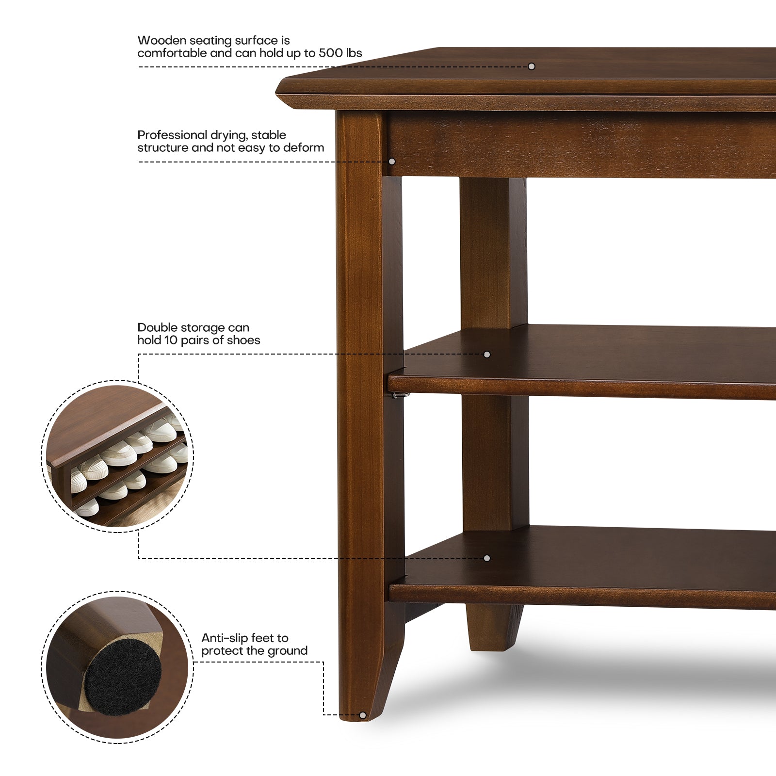 39.4 Inch Solid Wood Shoe Rack Bench 3-Tier