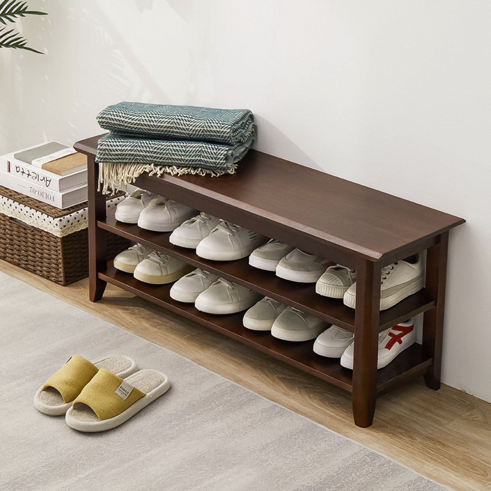 39.4 Inch Solid Wood Shoe Rack Bench 3-Tier