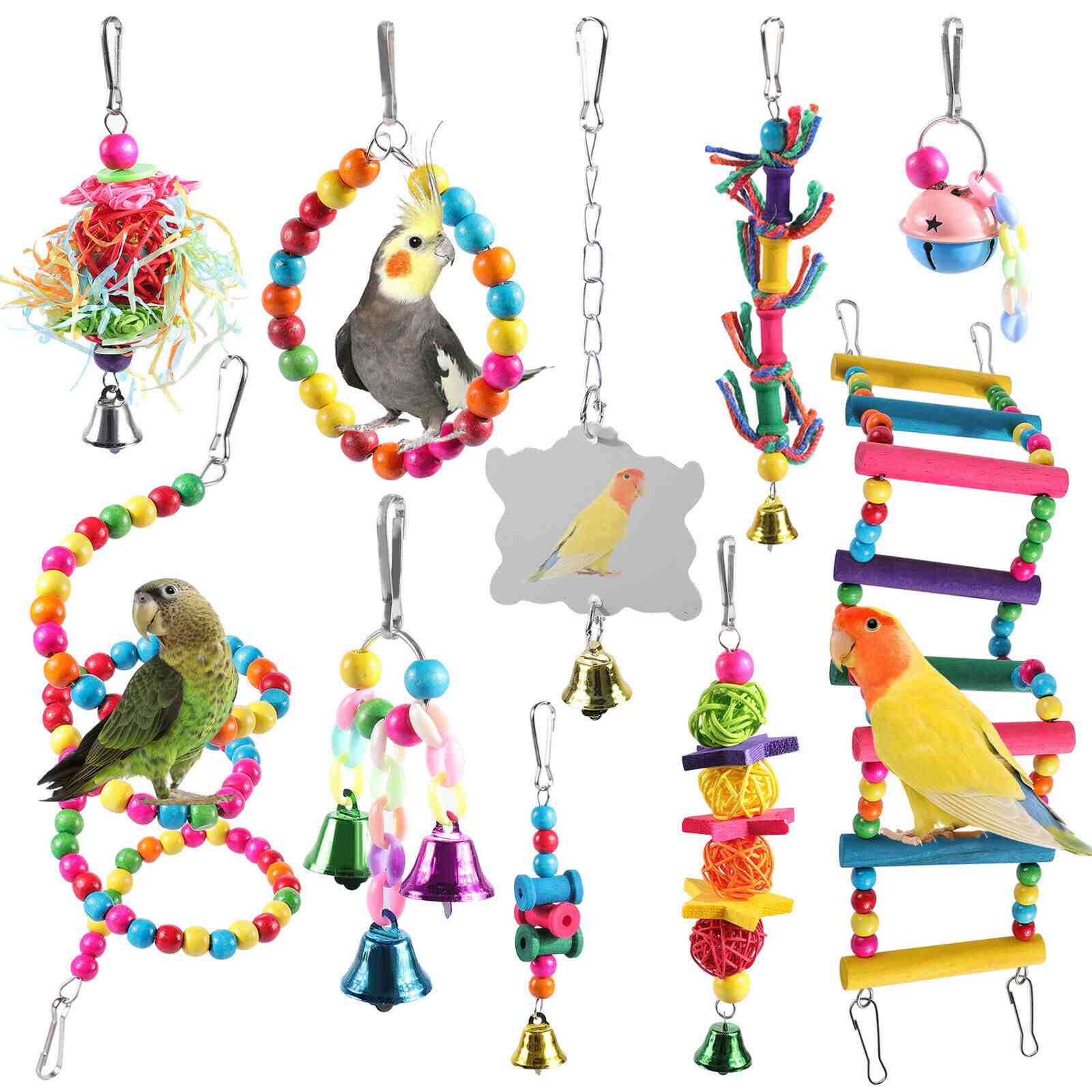 Display of 10Pcs Bird Parrot Cage Hanging Toys