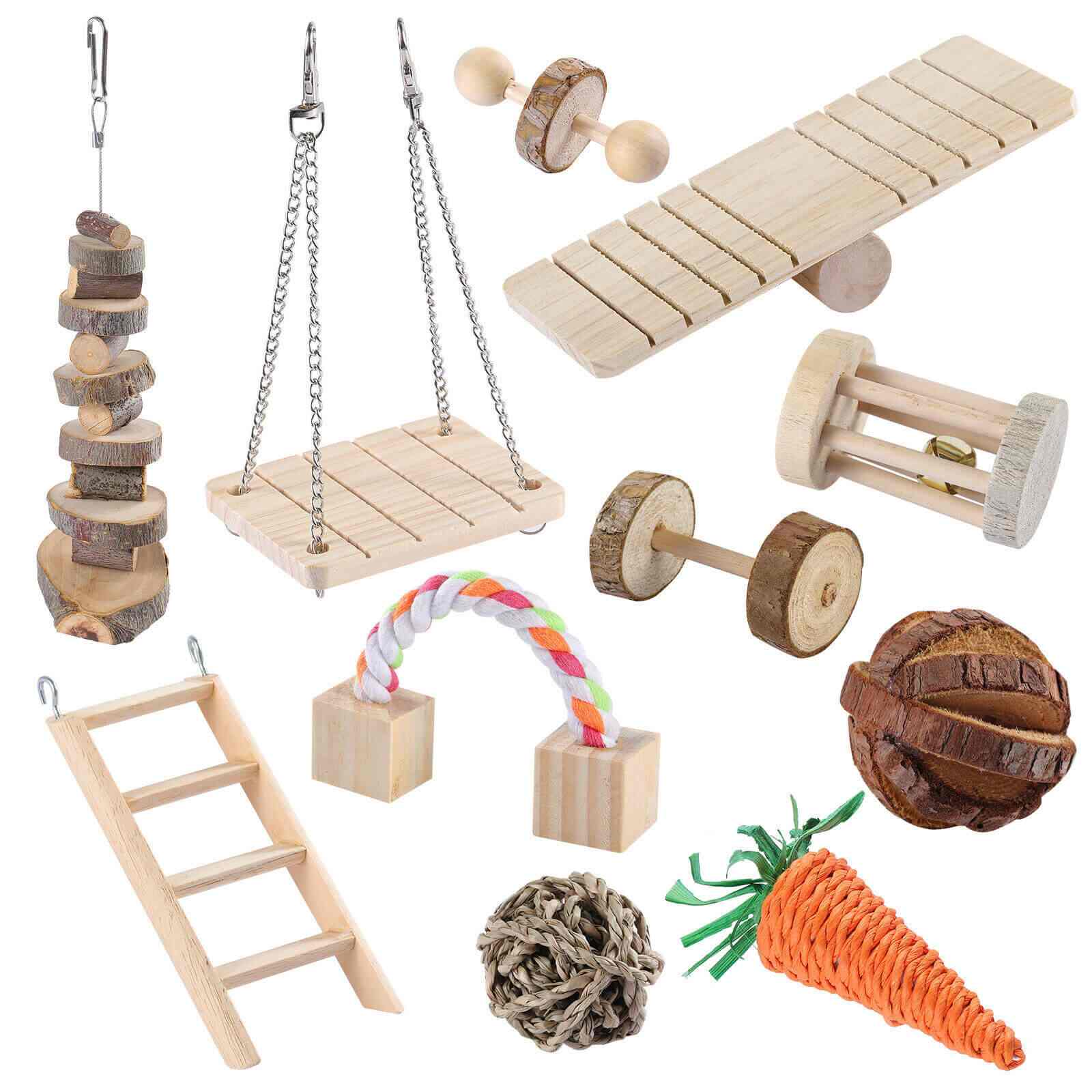 Package of 11Pcs Wooden Hamster Chew Toys Accessories