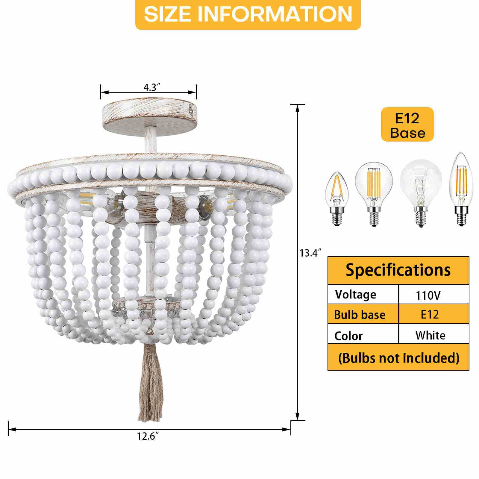 Size Detail of 3-Light Wood Beaded Chandelier