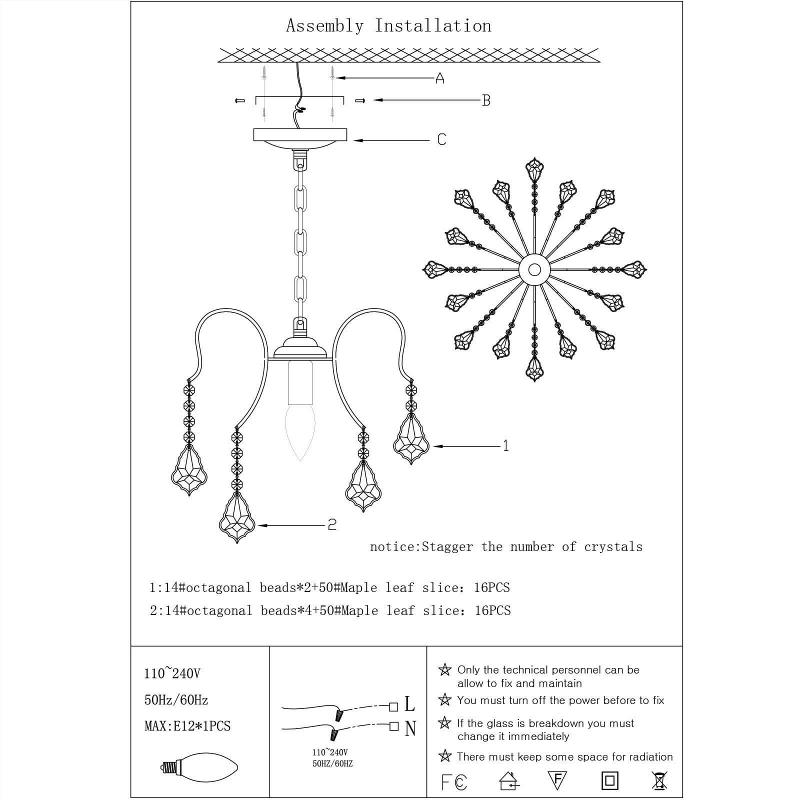 Install Steps of Adjustable 3-Light Crystal Ceiling Light
