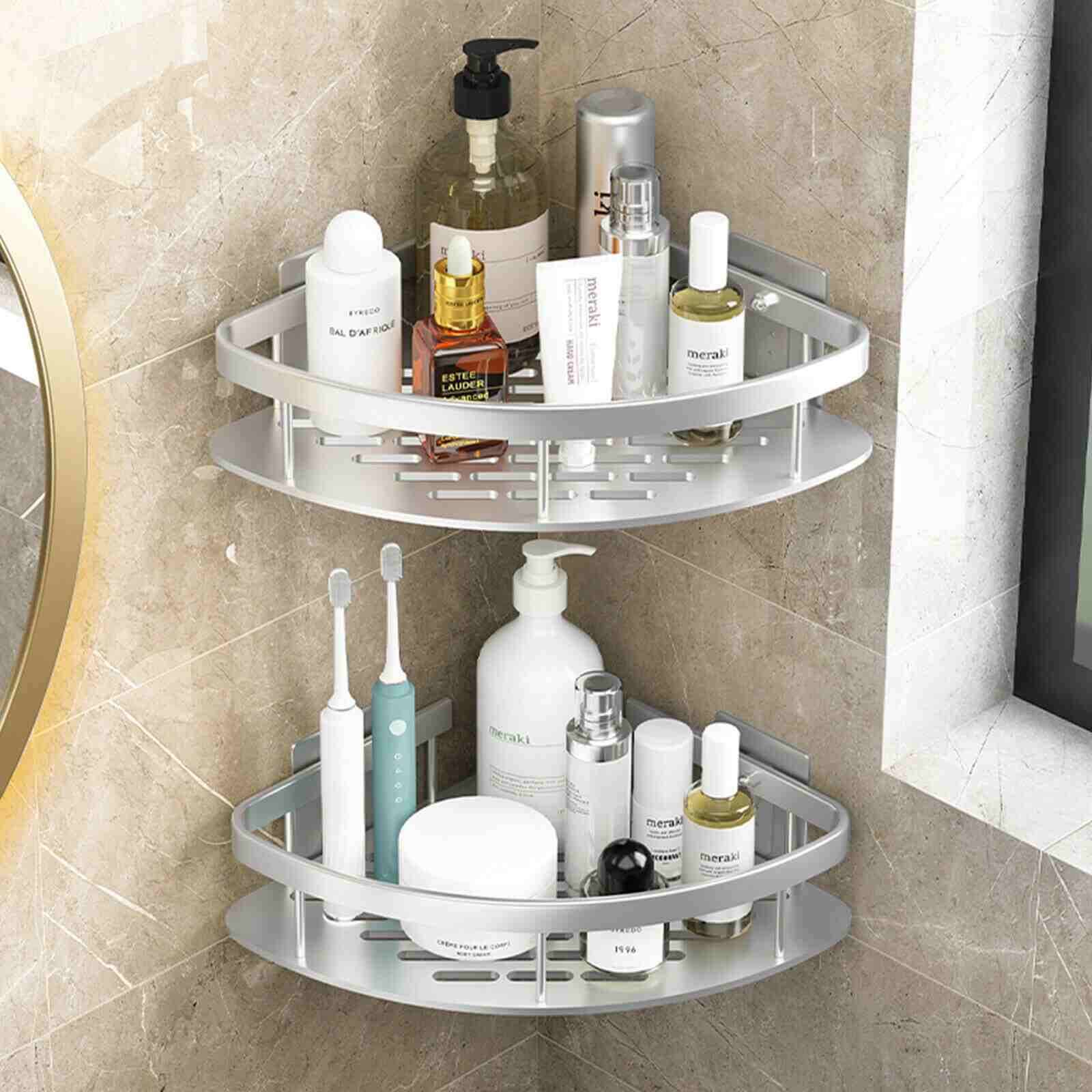 White Bathroom No Drilling Corner Shower Shelves, 2pcs