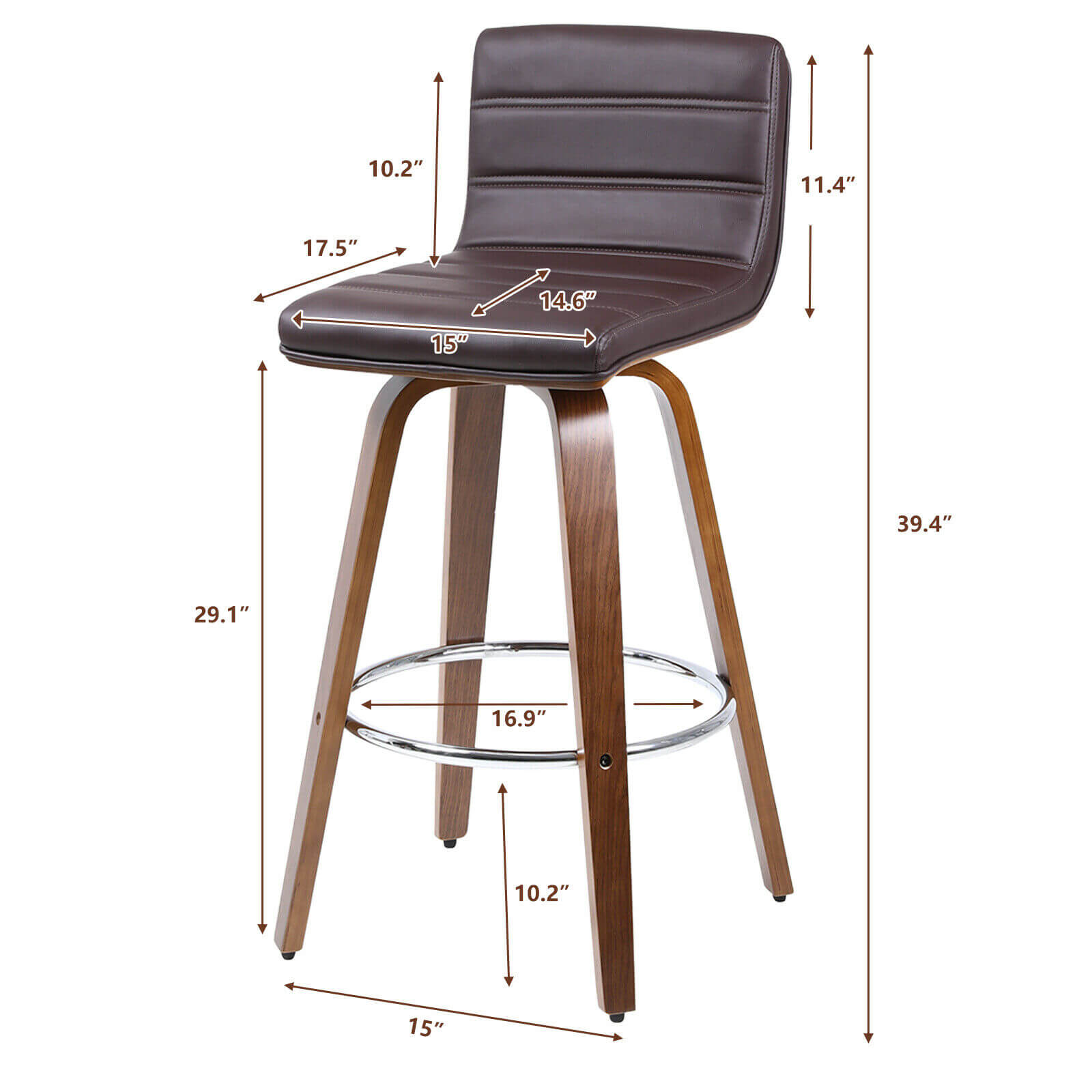 size of Faux Leather Wood Swivel Bar Stool