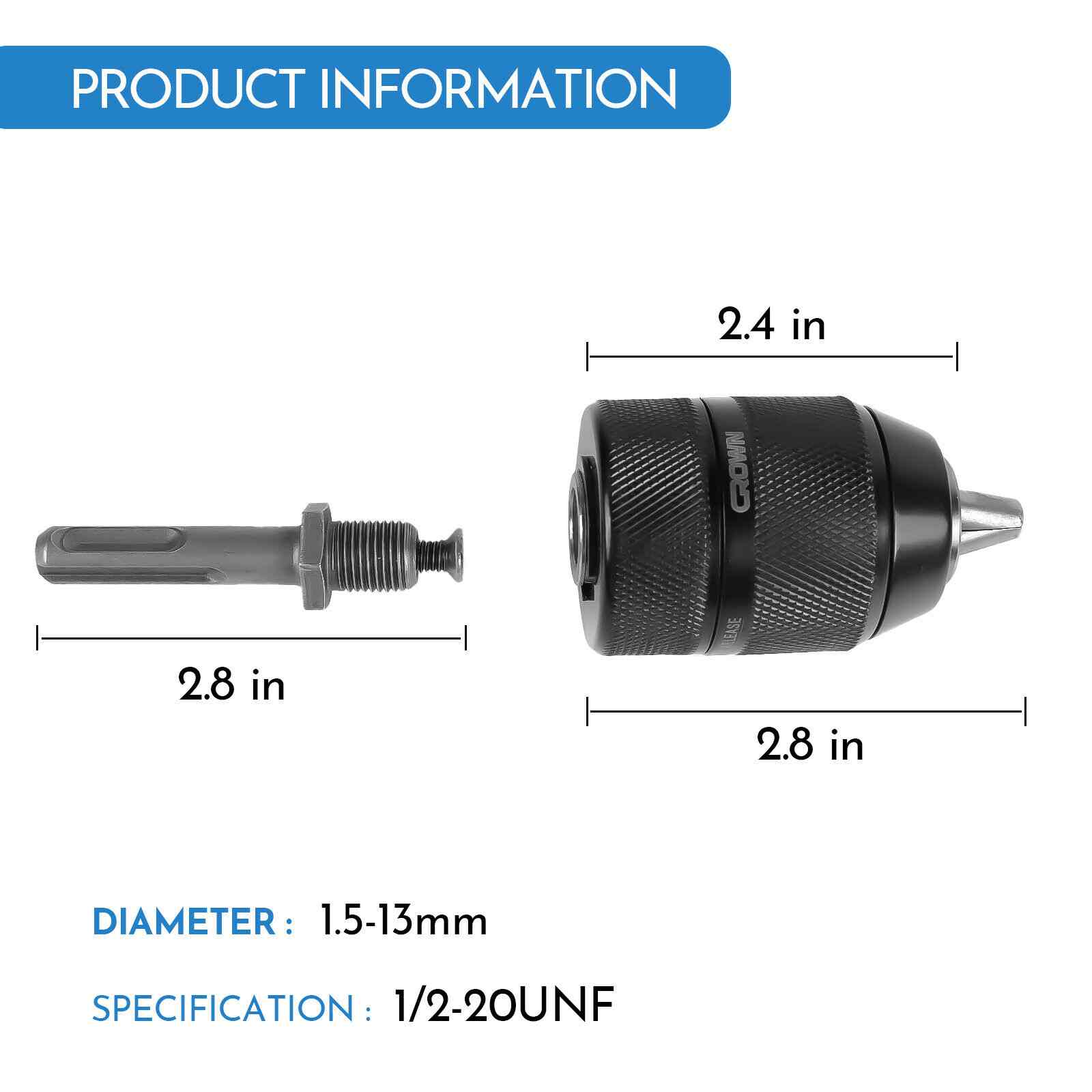 Size of Metal 1/2" Keyless Chuck Conversion Hex Shank Adapter Drill Bit