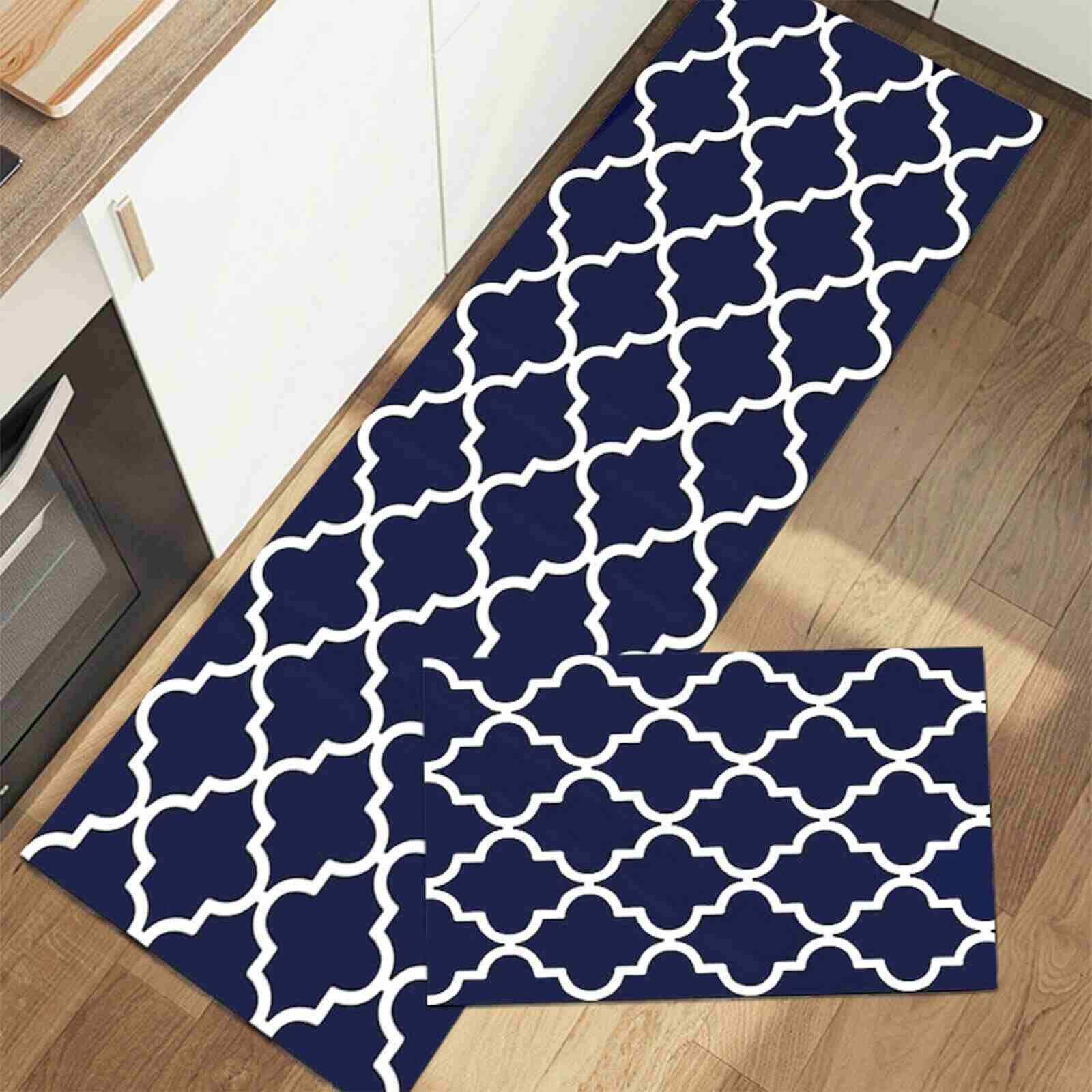 Blue Kitchen Water & Oil Absorbent Runner Mat Rug, 2Pcs