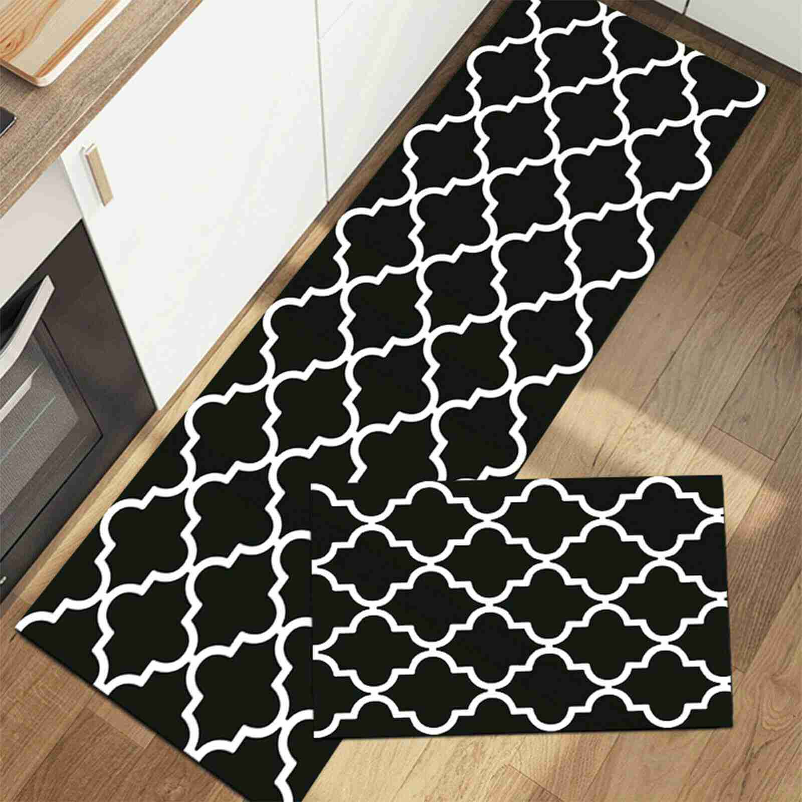 Black Kitchen Water & Oil Absorbent Runner Mat Rug, 2Pcs