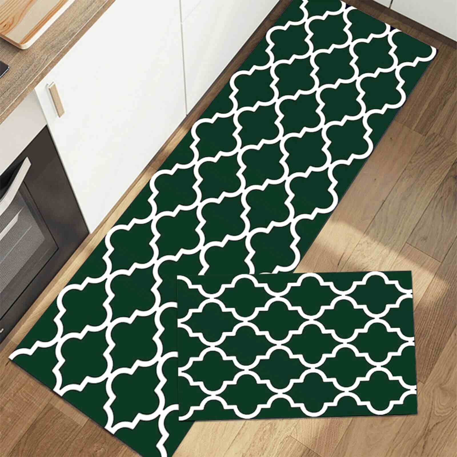 Green Kitchen Water & Oil Absorbent Runner Mat Rug, 2Pcs