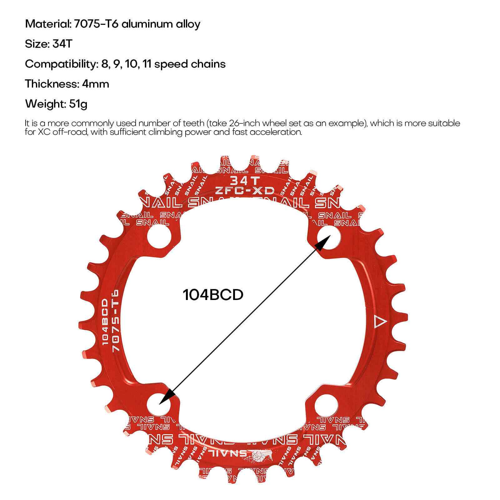 MTB Crankset Square Taper w/ 104BCD Chainring, 34T Red
