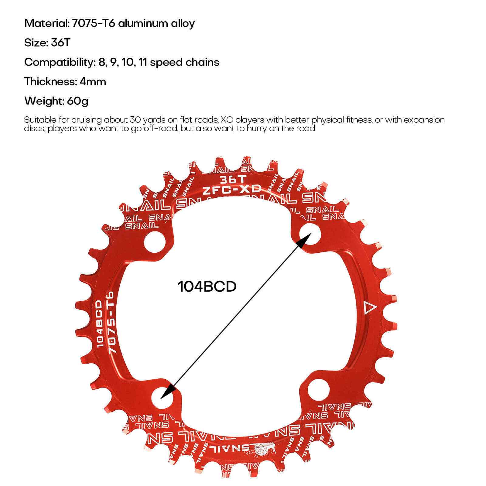 MTB Crankset Square Taper w/ 104BCD Chainring, 36T Red