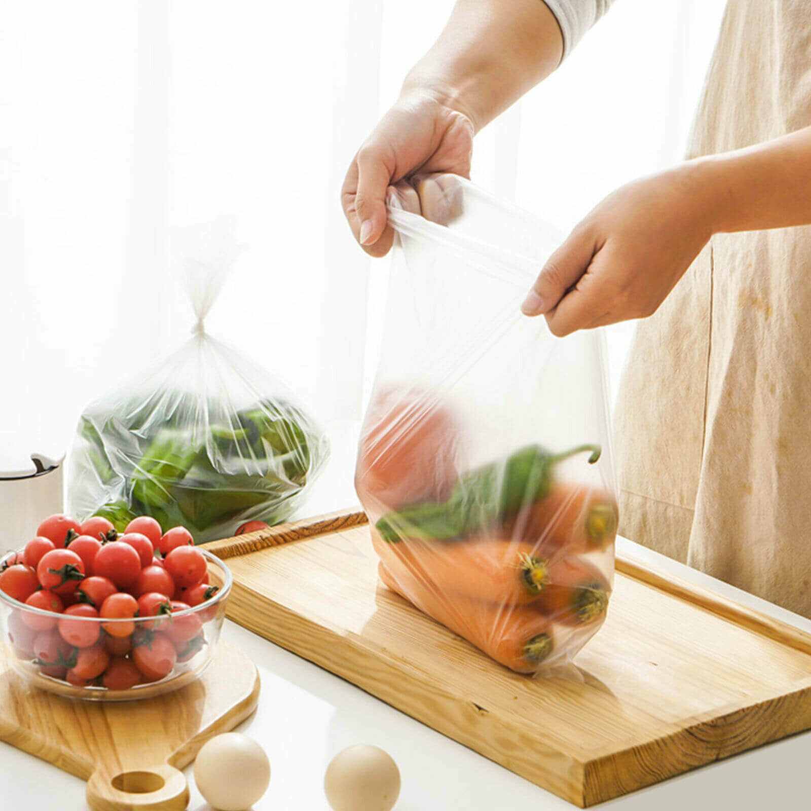 Display of Plastic Bread Grocery Clear Produce Bag on Roll, 1600pc
