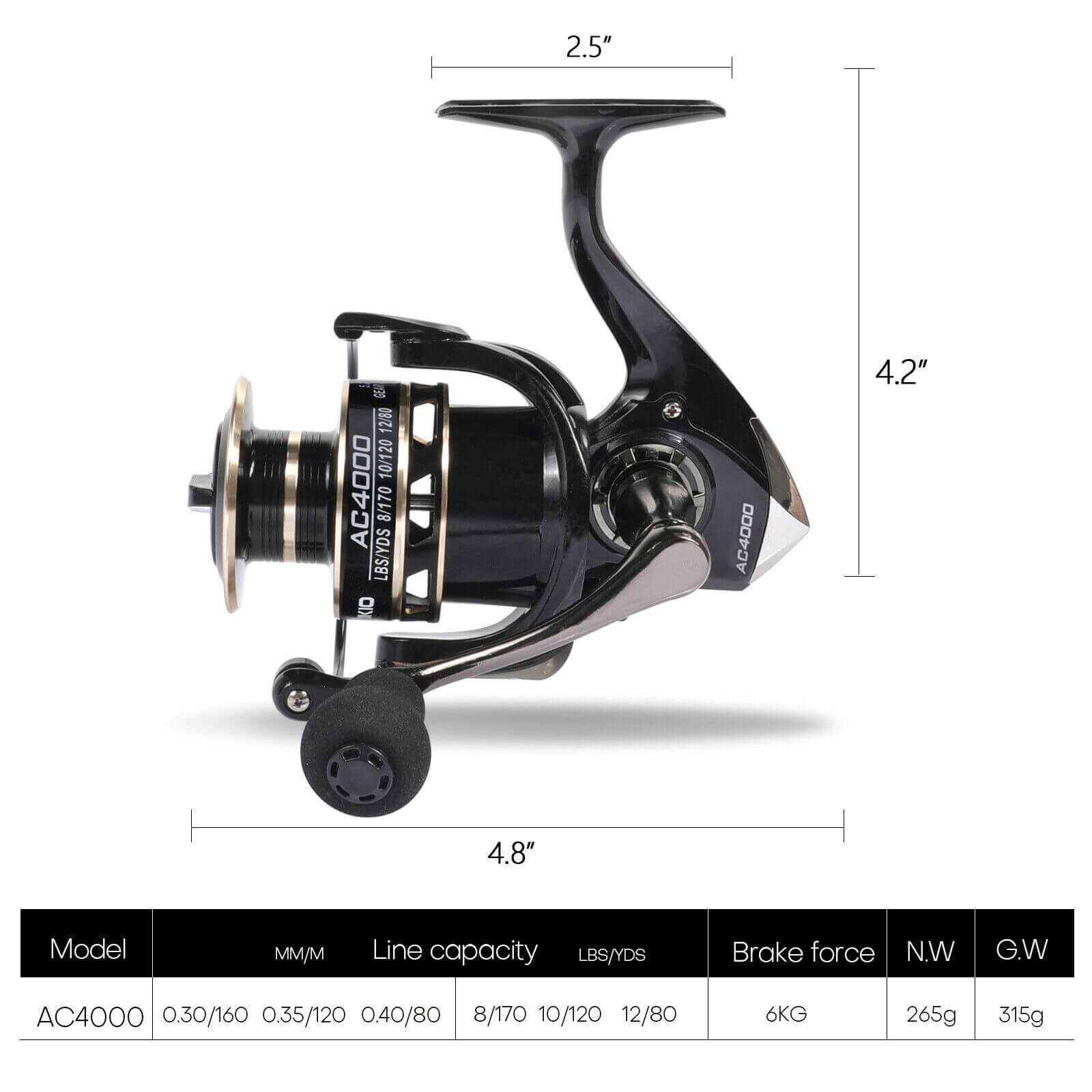 size of AC4000 5.2:1 Gear Ratio Spinning Fishing Reel