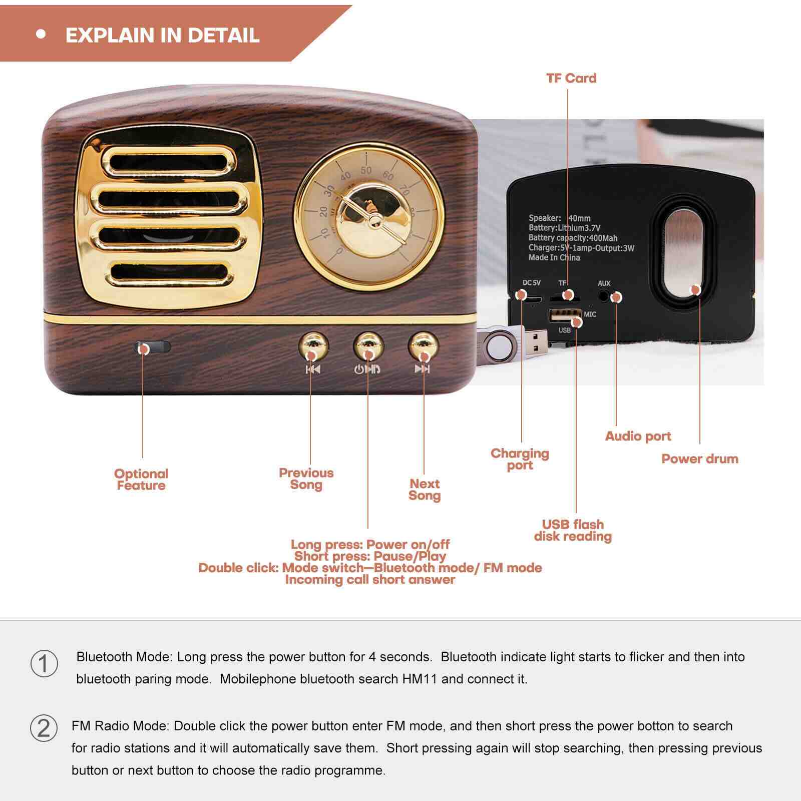 Design of Mini Wireless Retro Bluetooth Stereo Speakers Radio