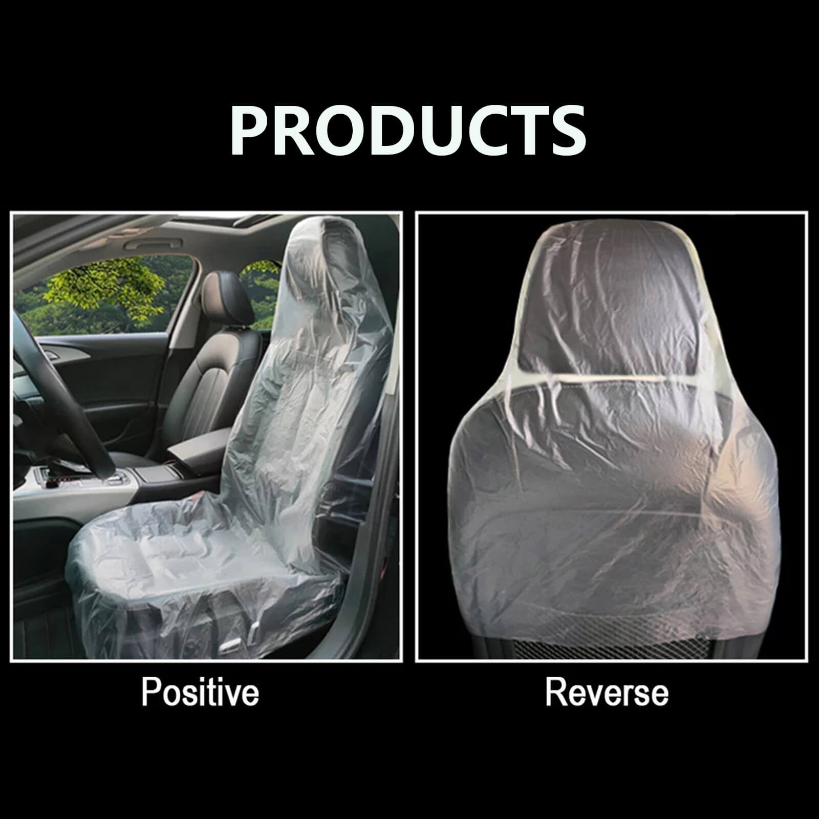 Positive and reverse view of the 100pcs Disposable Plastic Car Seat Cover
