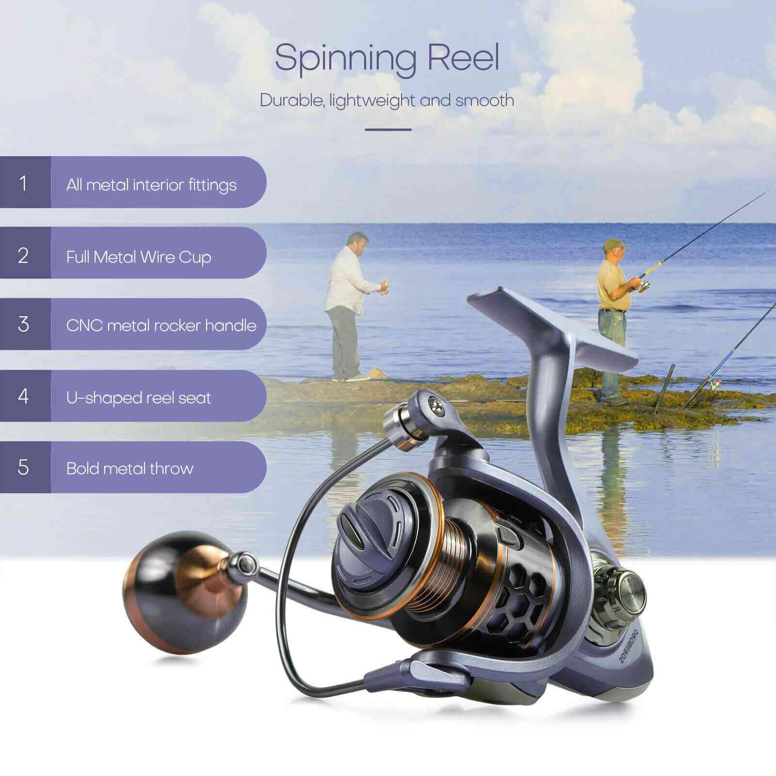 Spinning Wheel Fishing Reel FishingRod Set Gear 5.2:1 Full Metal Wire Cup
