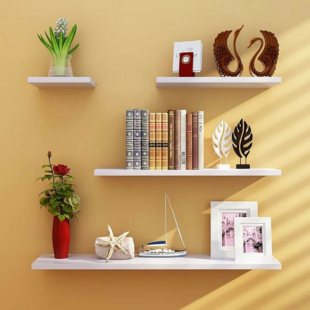Durable 4Pc DIY Wood Floating Shelves Wall Mounted Shelf