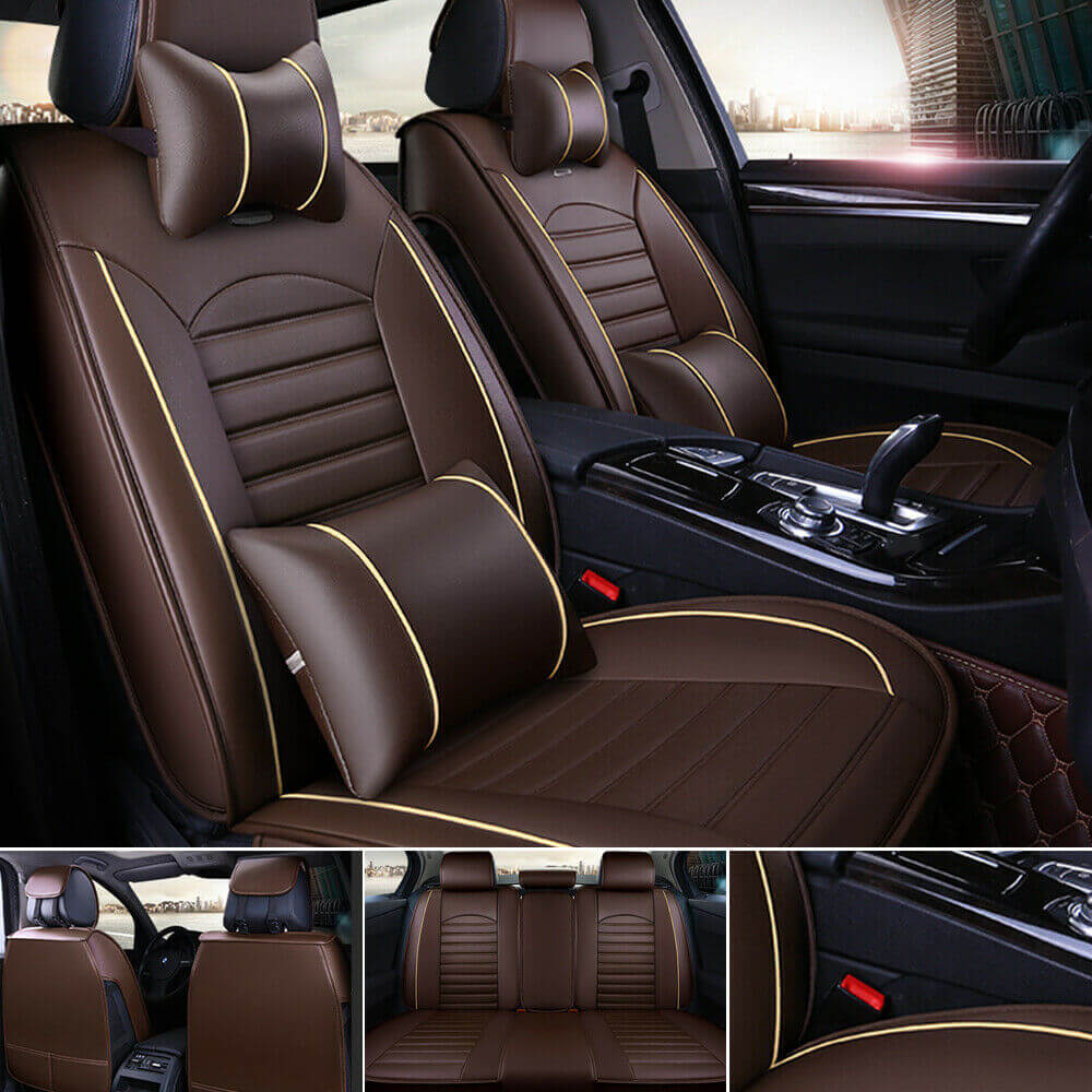 Coffee and Yellow 5-Seat Car Leather Seat Covers, 3D Stereo Version