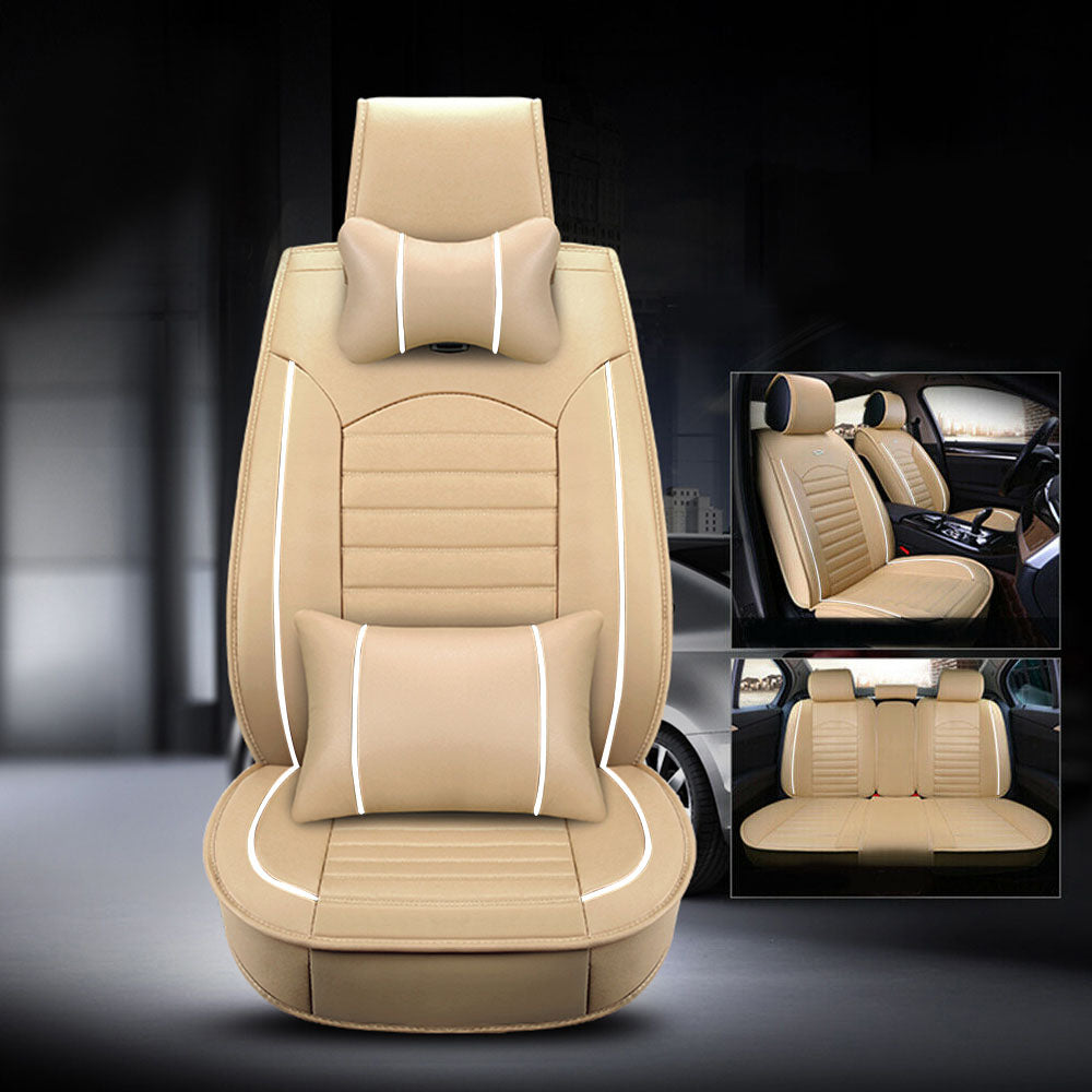 Beige and White 5-Seat Car Leather Seat Covers, 3D Stereo Version