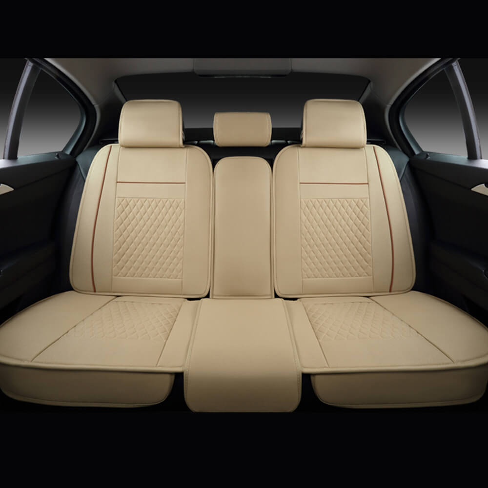 beige rear 5-Seat Car Seat Cover, Luxury Leather Lattice