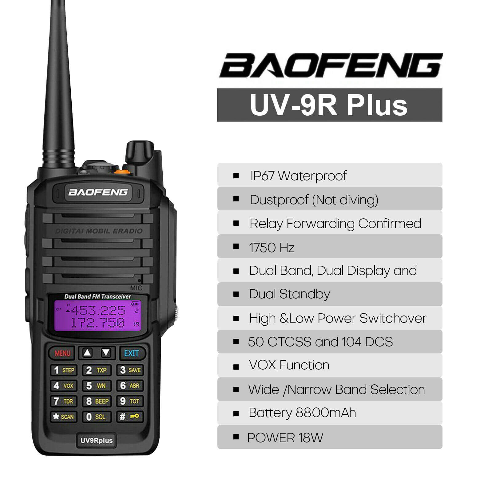 Feature of UV-9R Plus VHF UHF Walkie Talkie Dual-Band Handheld