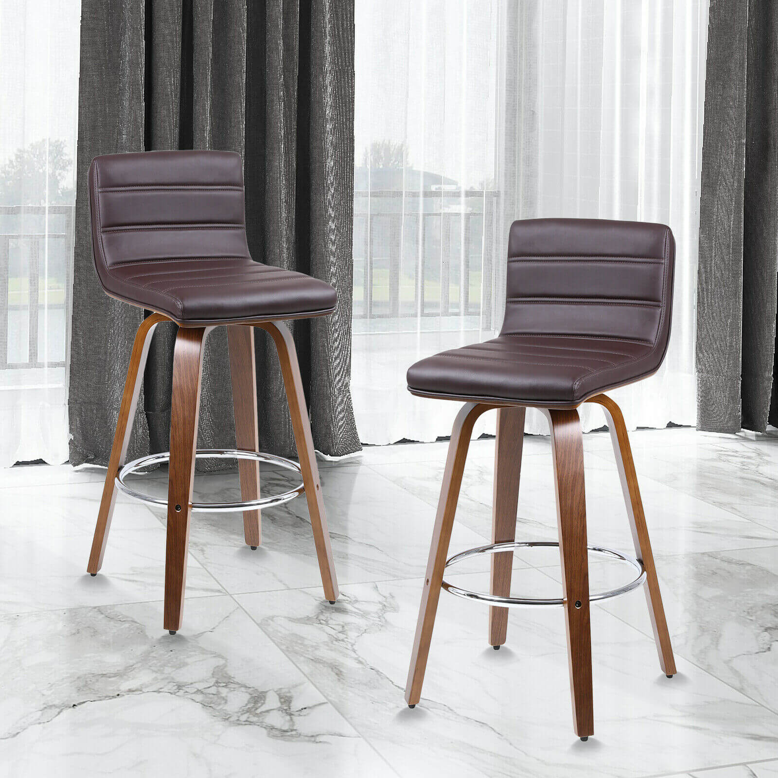 display of Faux Leather Wood Swivel Bar Stool