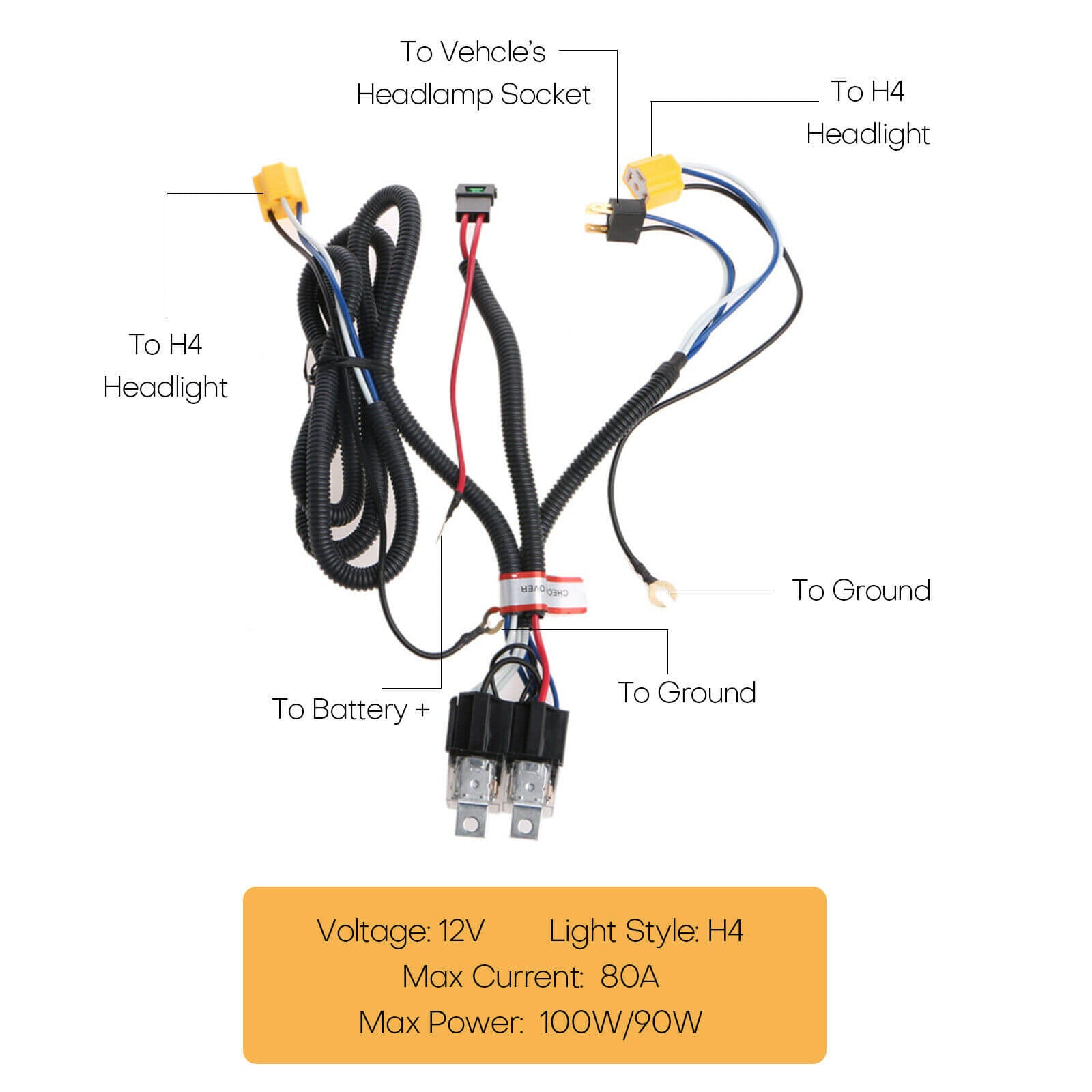 H4 Headlight Relay Wiring Harness Kit detail