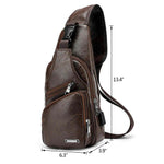 Leather Crossbody Sling Chest Bag w/ USB Charge Port Dark Brown 