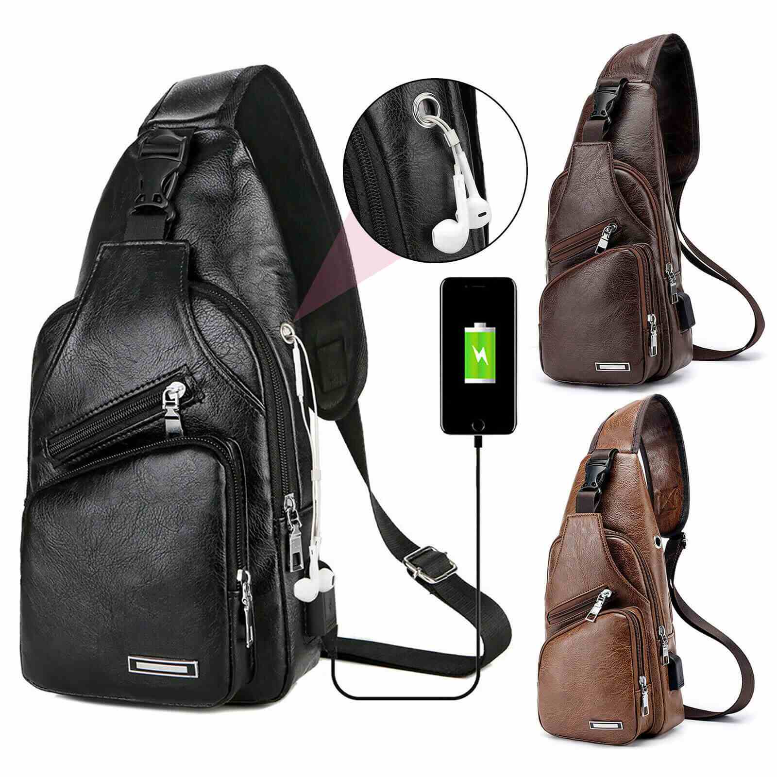 Leather Crossbody Sling Chest Bag w/ USB Charge Port