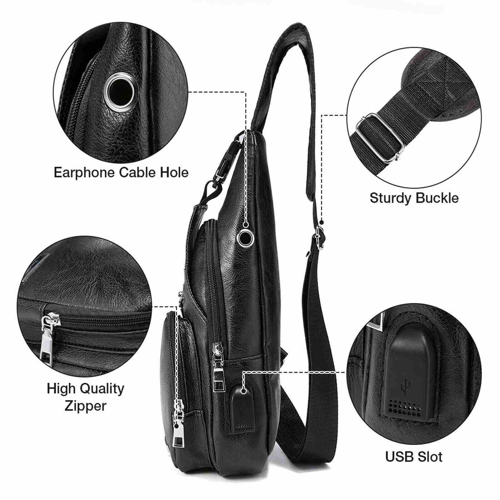 Design of Leather Crossbody Sling Chest Bag w/ USB Charge Port