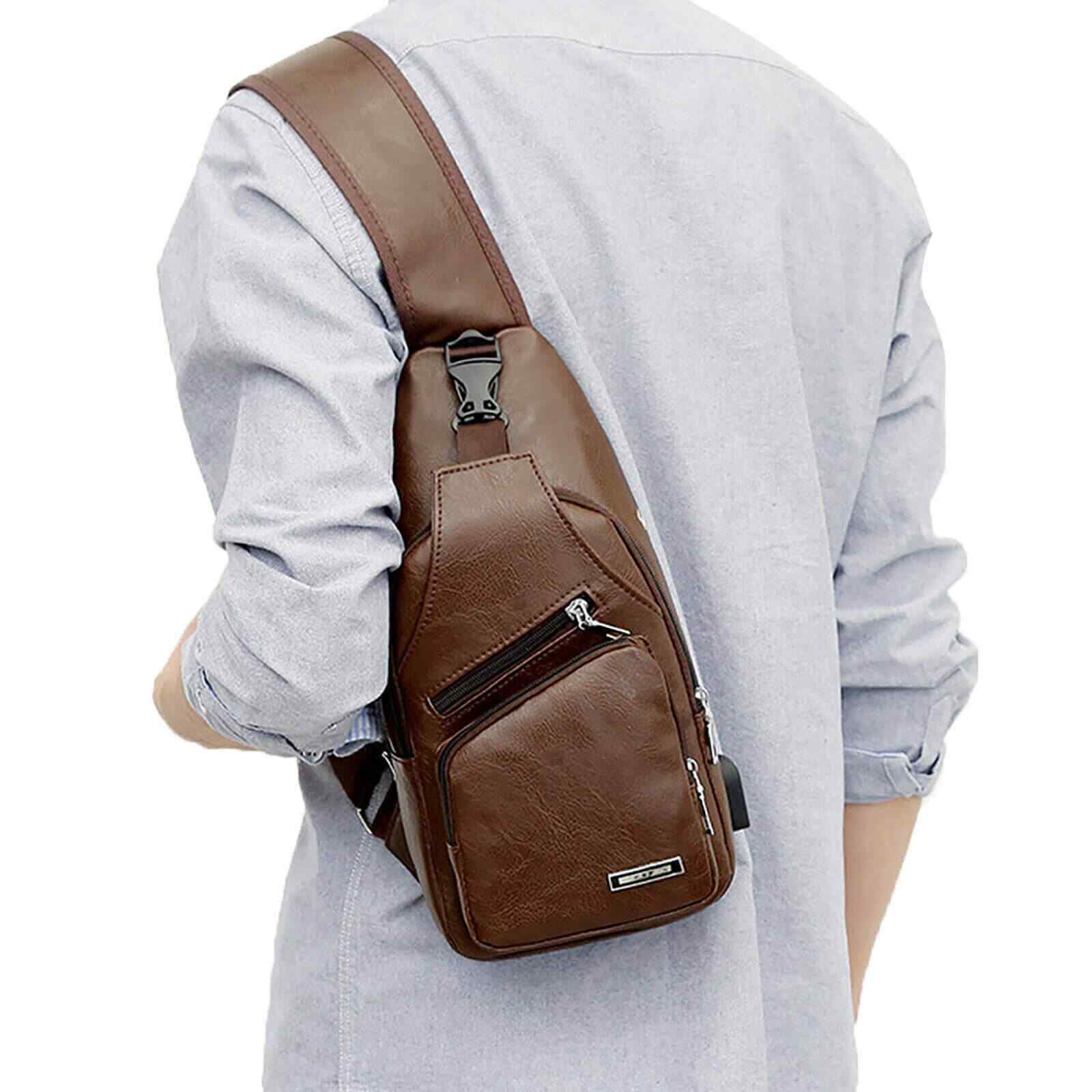 Showing of Leather Crossbody Sling Chest Bag w/ USB Charge Port