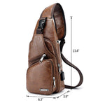 Brown Leather Crossbody Sling Chest Bag w/ USB Charge Port