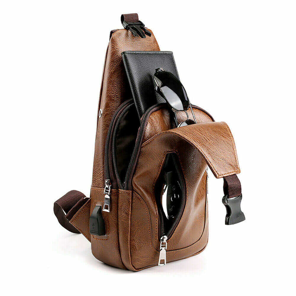 Usage of Men PU Leather Chest Sling Bag w/ USB Charging Port
