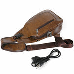 Durable Men PU Leather Chest Sling Bag w/ USB Charging Port