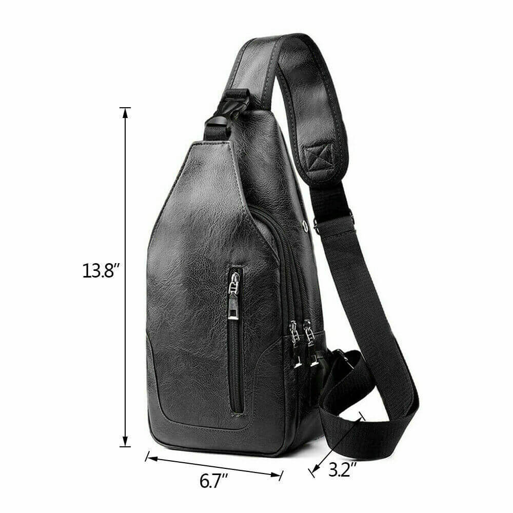 Size of Men PU Leather Chest Sling Bag w/ USB Charging Port