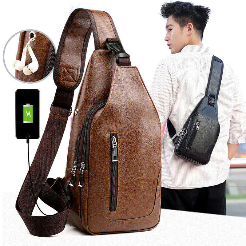 Men PU Leather Chest Sling Bag w/ USB Charging Port