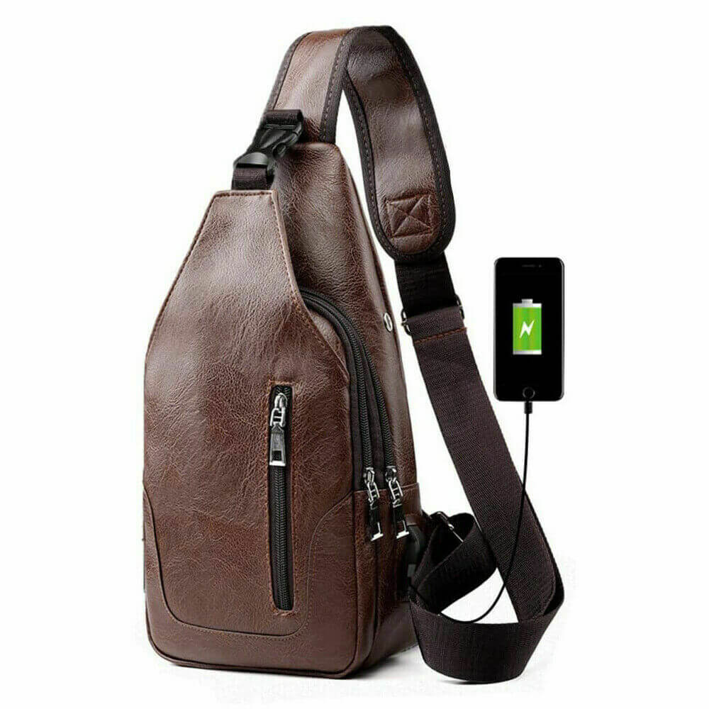 Brown Men PU Leather Chest Sling Bag w/ USB Charging Port
