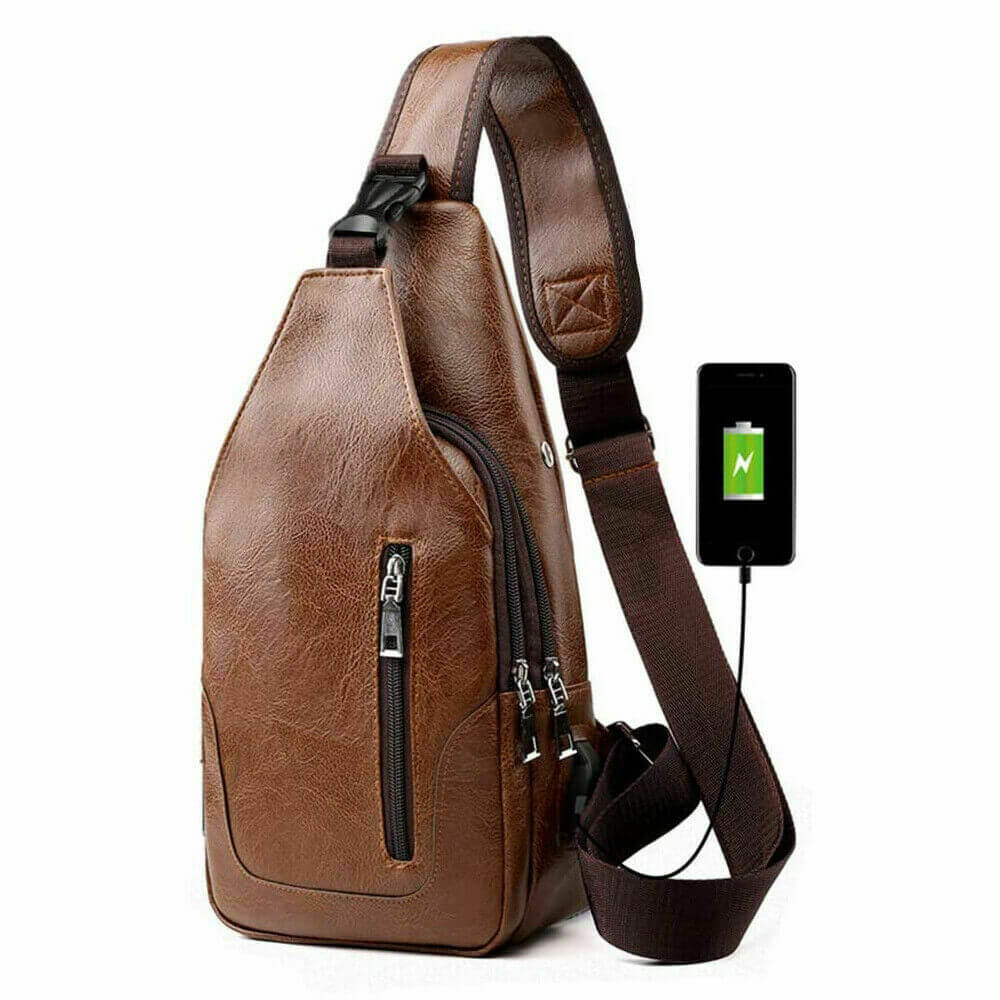 Coffee Men PU Leather Chest Sling Bag w/ USB Charging Port
