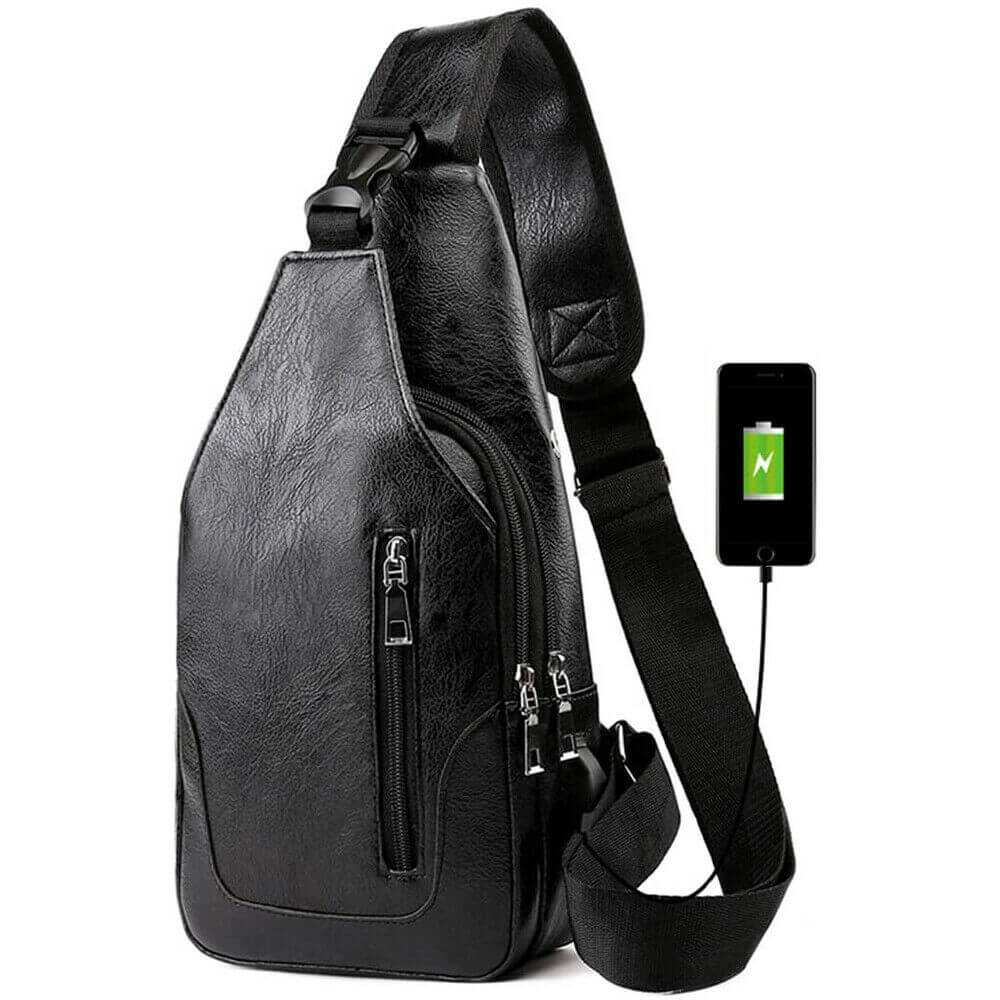 Black Men PU Leather Chest Sling Bag w/ USB Charging Port
