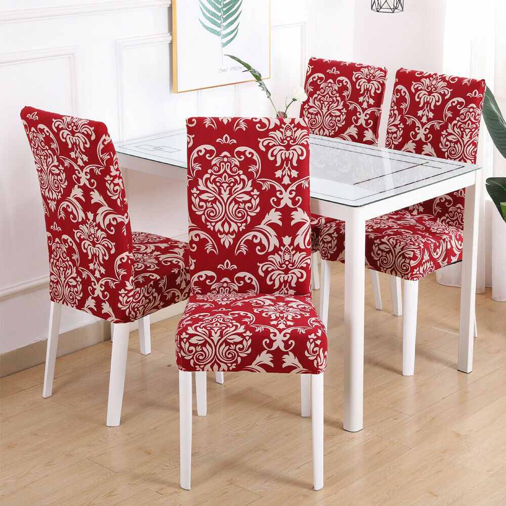 Red Printed Stretch Dining Chair Slipcovers, 1/4/6Pcs