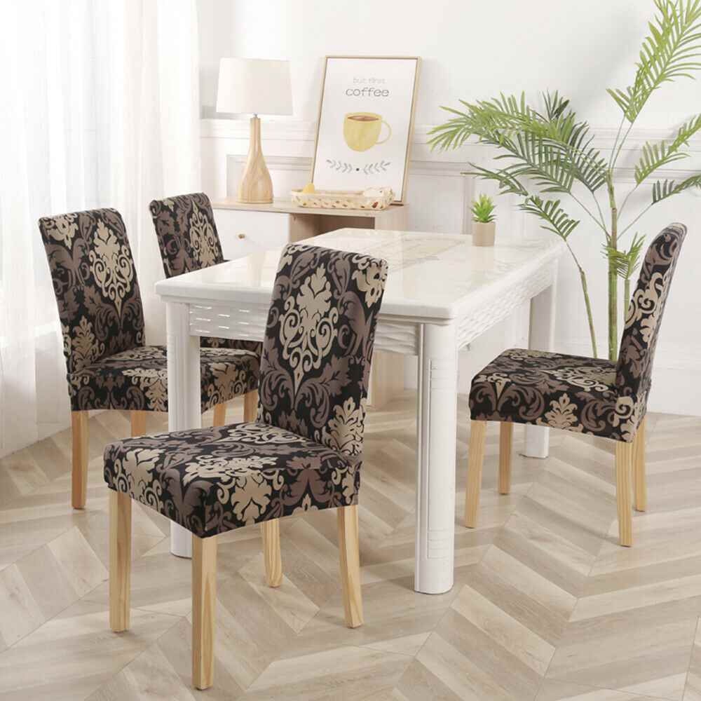 Brown Printed Stretch Dining Chair Slipcovers, 1/4/6Pcs