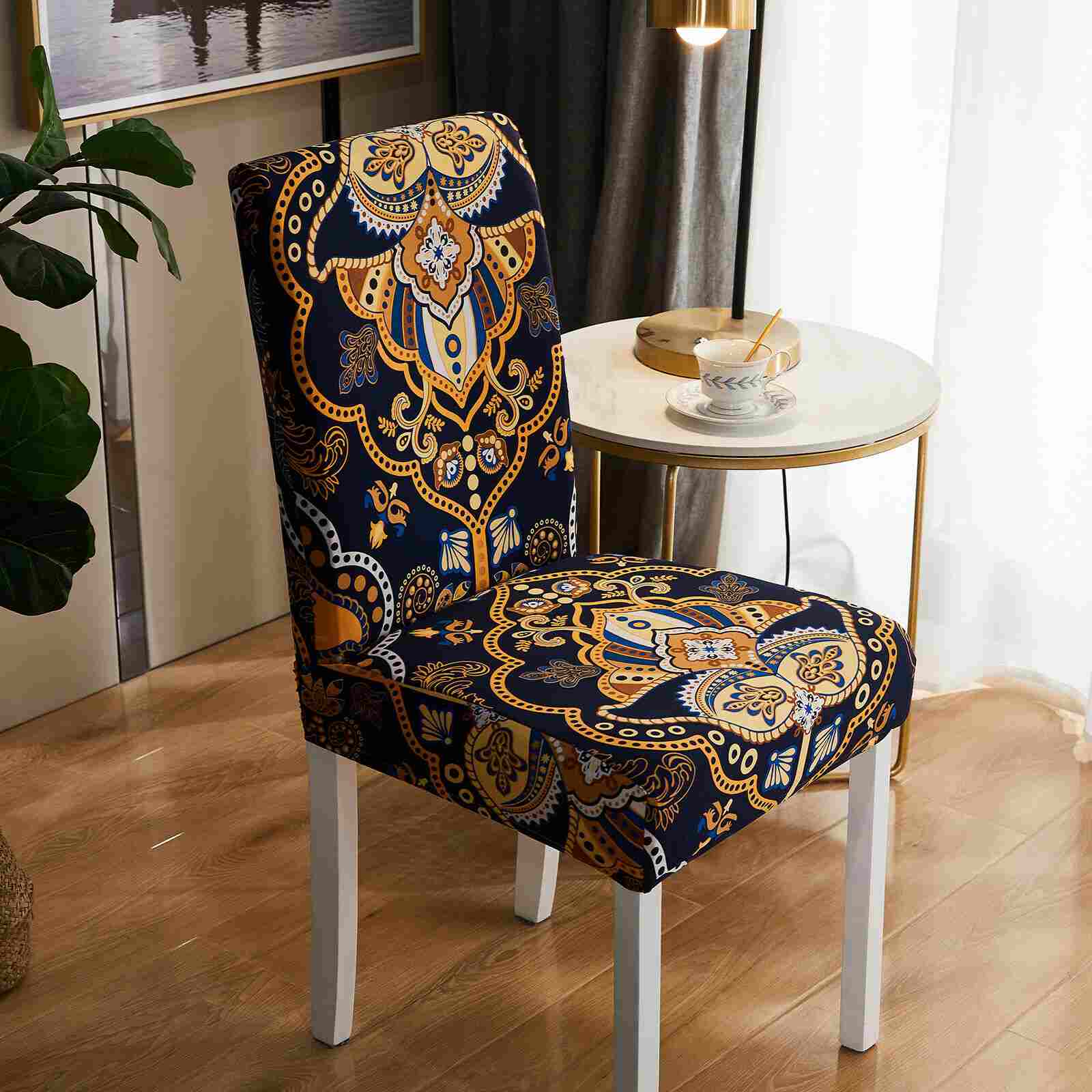 Black Boho Printed Stretchable Dining Chair Slipcovers, 1/4/6Pcs